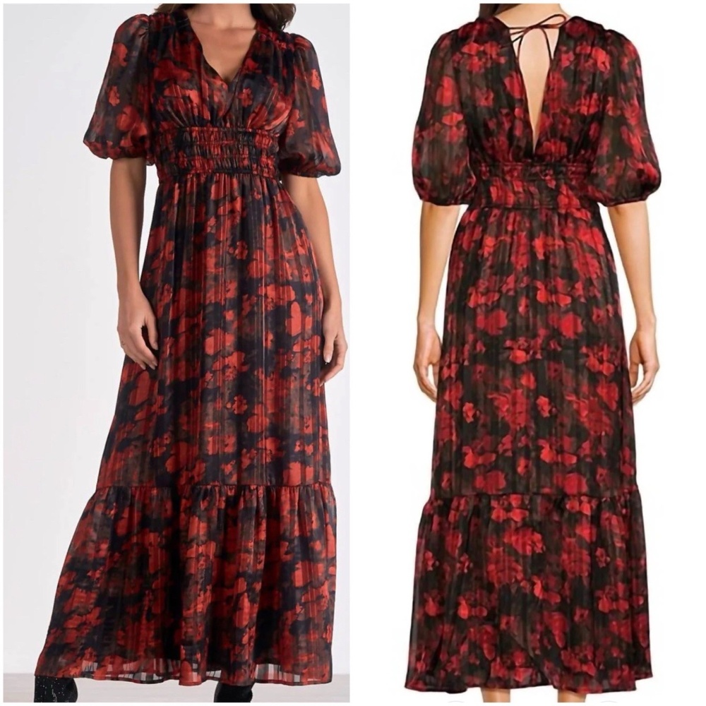 Elan Womens Size M Floral Maxi Dress Red & Black V-Neck Boho Short Sleeves NWT